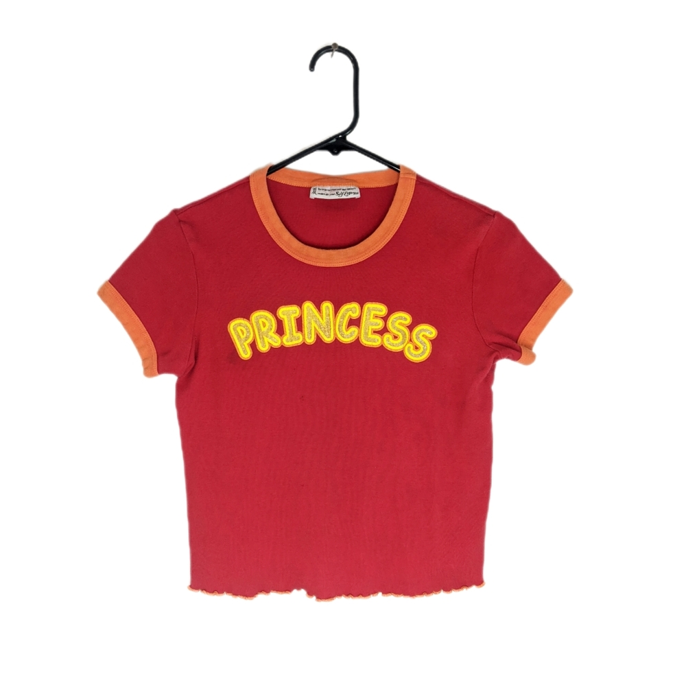 Early 2000s Faded Red Grunge Princess Spell Out Cropped Fitted Baby Tee